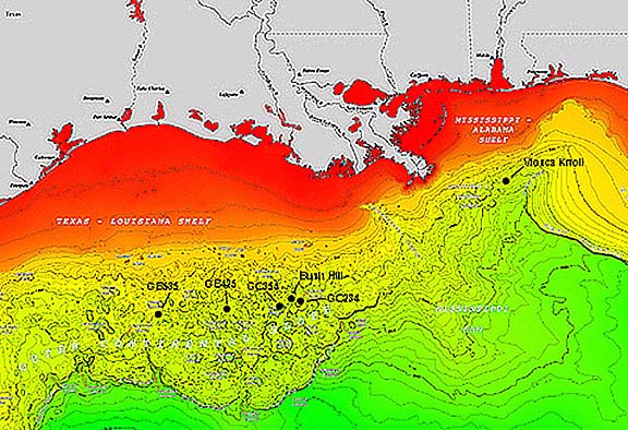 Expedition sites and bathymetry in the Gulf of Mexico