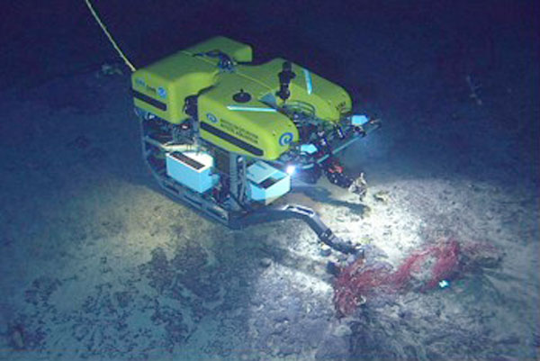 Recovering the basalt recruitment block experiment with the Hercules ROV.