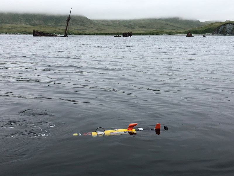 Remus AUV, Triple Deuce, surveying near shipwreck in Gertrude Cove.