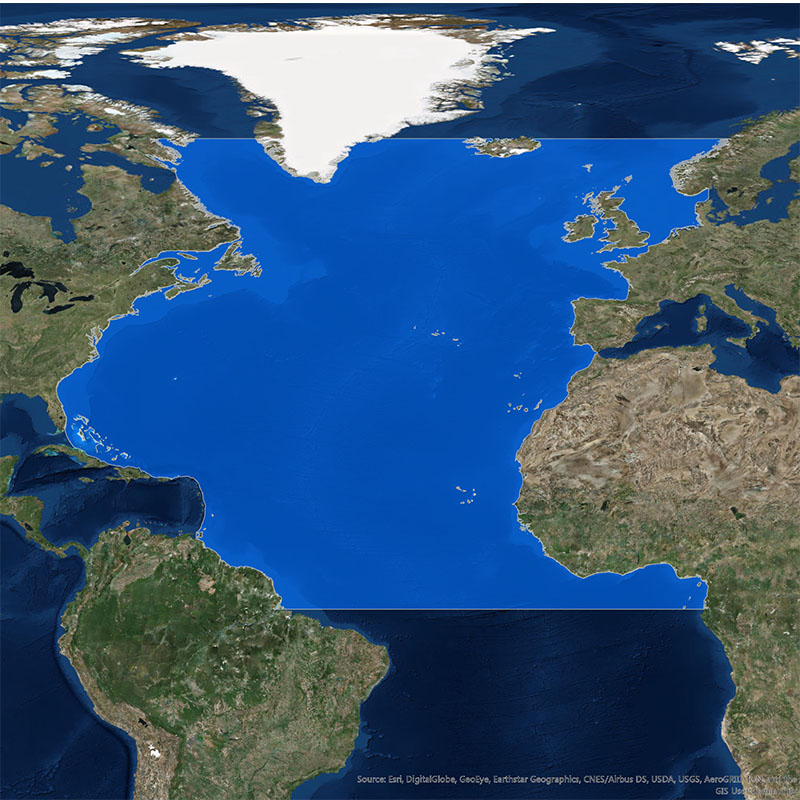 Geographic scope of collaborative exploration interests within the Northern Atlantic Ocean; scope extends from the Equator to the Arctic Circle, excluding areas within the Gulf of Mexico and Caribbean, Mediterranean, and Baltic Seas.