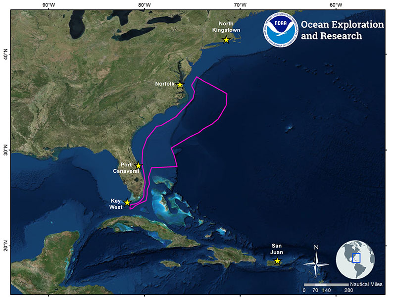 Map showing the operating area (purple polygon) and ports (yellow stars) for the FY2019 NOAA Ship Okeanos Explorer expeditions focused on mapping and exploration of the U.S. Southeastern Continental Margin and Bahamas.