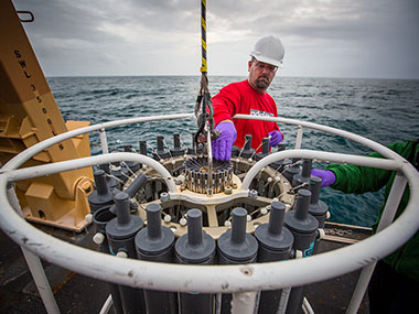 Dr. Brendan Roark preps the CTD rosette onboard NOAA Ship Okeanos Explorer.