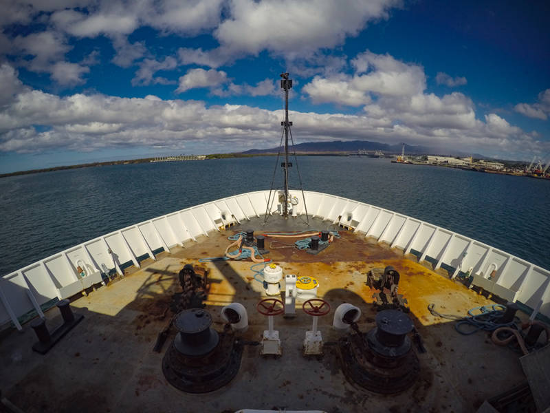 The bow of NOAA Ship Okeanos Explorer as she departs Pearl Harbor, Oahu to commence Leg 2 of the Hohonu Moana: Exploring Deep Waters off Hawai’i Expedition.