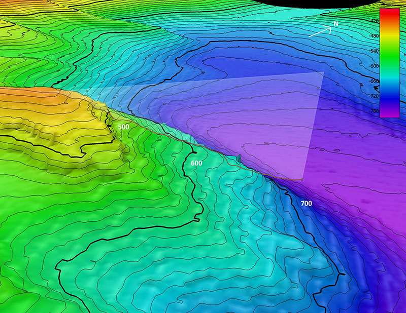 The remotely operated vehicle track for Dive 18, shown as an orange line with a white curtain. Scale is water depth in meters.