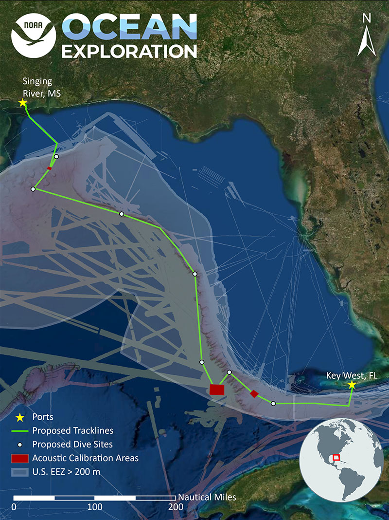 This map shows the general ship track and operating areas for the 2022 ROV and Mapping Shakedown.